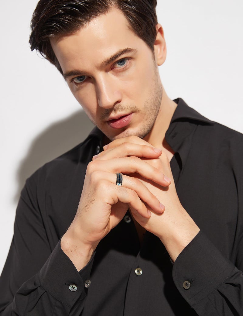 Greenpod 8MM Tungsten Carbide Rings Silver Blue High Polished Beveled Edge Wedding Band for Men Women Engraved I Love You Size 11 - Image 3